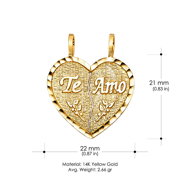 14K Gold Te Amo Heart 2 Piece Charm Pendant with 1.5mm Flat Open Wheat Chain Necklace