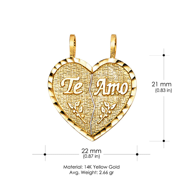 14K Gold Te Amo Heart 2 Piece Charm Pendant