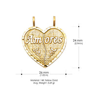 14K Gold Te Amo Heart 2 Piece Charm Pendant