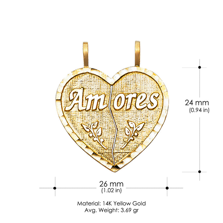 14K Gold Te Amo Heart 2 Piece Charm Pendant with 1.2mm Singapore Chain Necklace