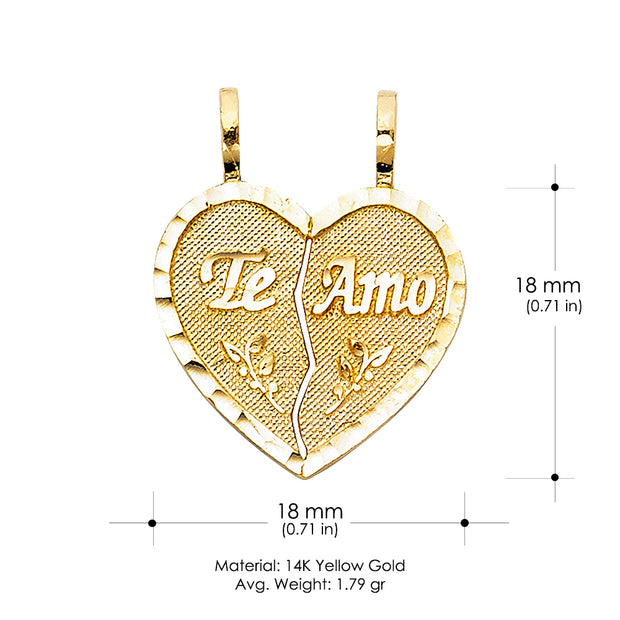 14K Gold Te Amo Heart 2 Piece Charm Pendant with 1.2mm Flat Open Wheat Chain Necklace