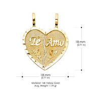 14K Gold Te Amo Heart 2 Piece Charm Pendant with 1.2mm Singapore Chain Necklace