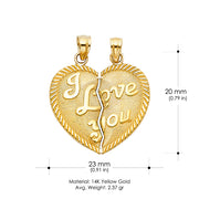 14K Gold Te Amo Heart 2 Piece Charm Pendant with 2.3mm Figaro 3+1 Chain Necklace