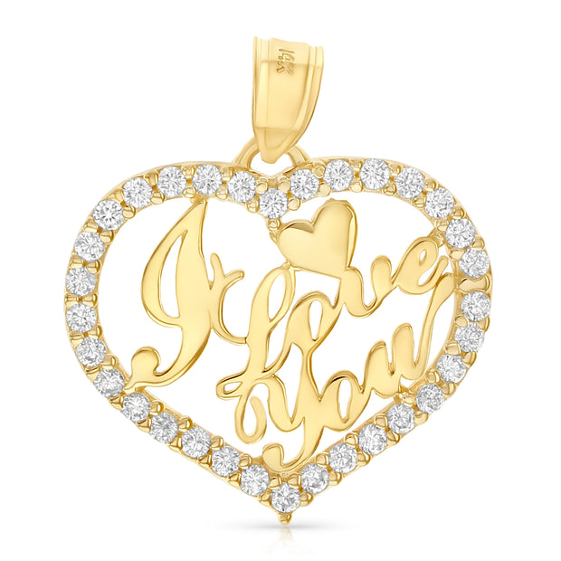 14K Gold CZ I Love You Heart Charm Pendant with 1.2mm Singapore Chain Necklace