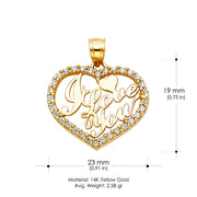 14K Gold CZ I Love You Heart Charm Pendant with 0.8mm Box Chain Necklace