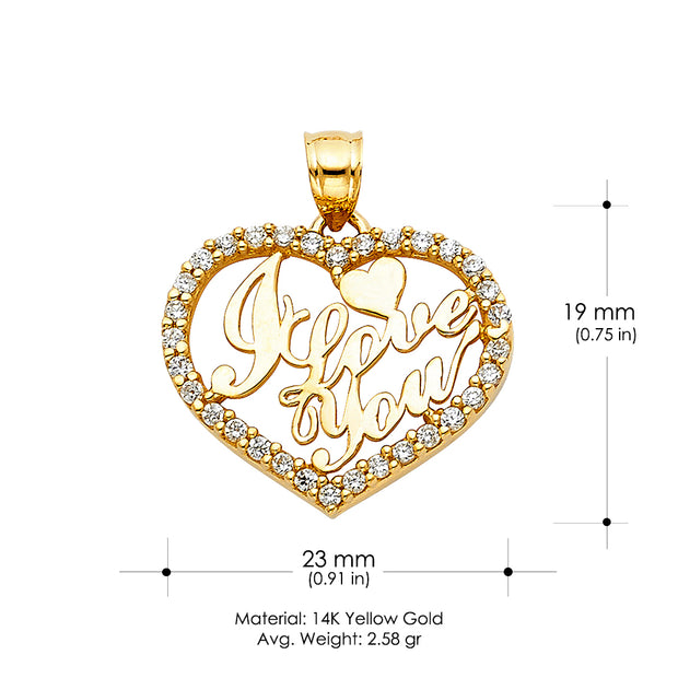14K Gold CZ I Love You Heart Charm Pendant with 1.2mm Flat Open Wheat Chain Necklace
