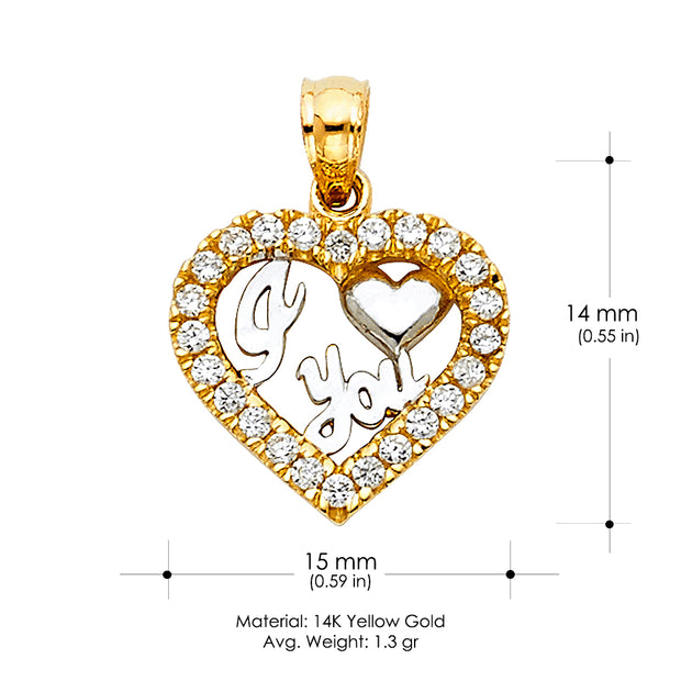 14K Gold CZ I Love You Heart Charm Pendant