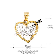 14K Gold I Love You Heart Charm Pendant with 1.6mm Figaro 3+1 Chain Necklace