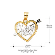 14K Gold I Love You Heart Charm Pendant with 0.9mm Singapore Chain Necklace
