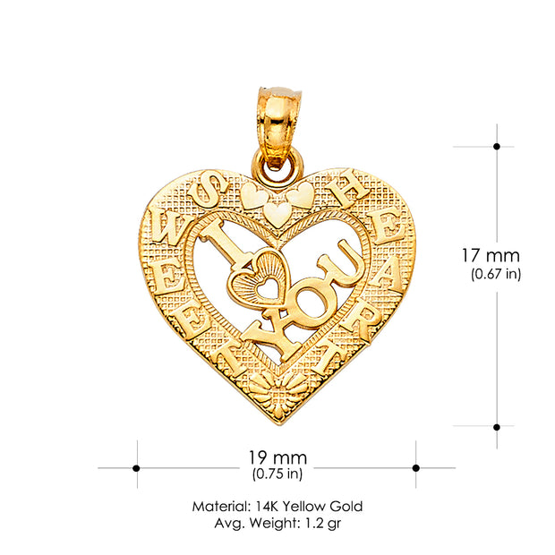 14K Gold I Love You Heart Charm Pendant with 0.8mm Box Chain Necklace