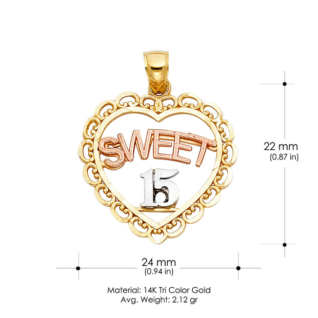 14K Gold Quinceanera Heart Pendant with 2.3mm Hollow Cuban Chain