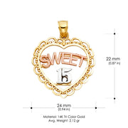 14K Gold Quinceanera Heart Pendant with 2.6mm Valentino Star Chain