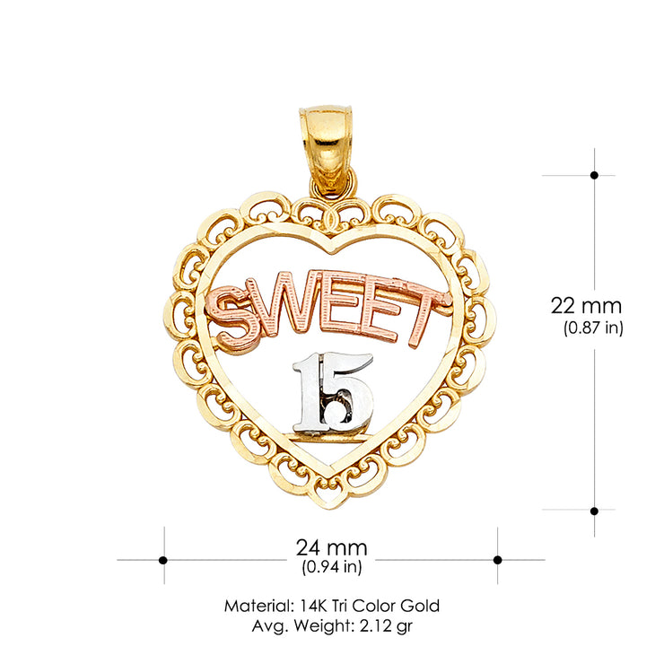 14K Gold Quinceanera Heart Pendant with 2.6mm Valentino Star Chain