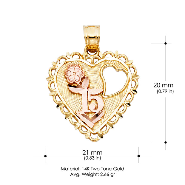 14K Gold Quinceanera Heart Pendant with 2.6mm Valentino Star Chain