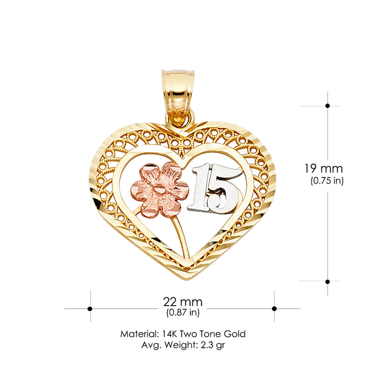 14K Gold Quinceanera Heart Pendant with 2.3mm Hollow Cuban Chain