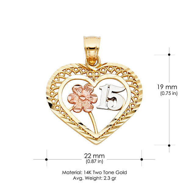 14K Gold Quinceanera Heart Pendant with 2.3mm Figaro 3+1 Chain