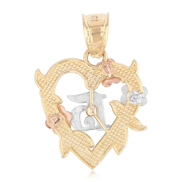 14K Gold Quinceanera Heart Pendant with 2.3mm Figaro 3+1 Chain