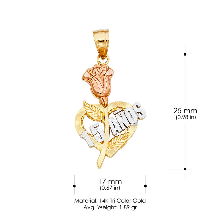 14K Gold Quinceanera Heart Pendant with 2.3mm Hollow Cuban Chain