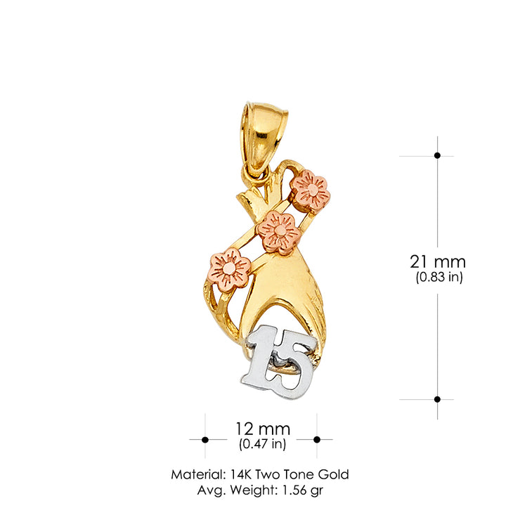 14K Gold Quinceanera Heart Pendant with 2.3mm Hollow Cuban Chain