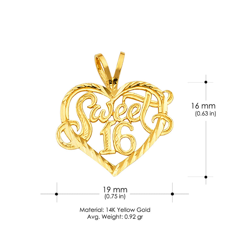 14K Gold 16 Years Heart Charm Pendant with 2mm Figaro 3+1 Chain Necklace
