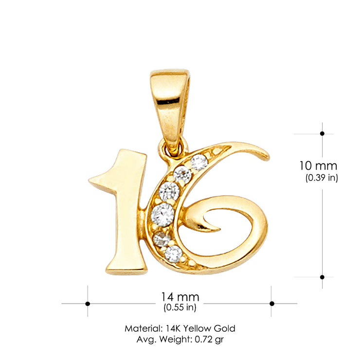 14K Gold CZ 16 Years Charm Pendant with 0.8mm Box Chain Necklace