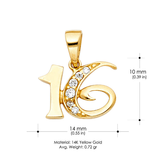 14K Gold CZ 16 Years Charm Pendant
