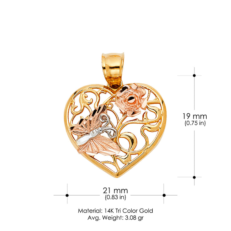 14K Gold Heart with Butterfly Charm Pendant