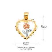 14K Gold Heart with Rose Charm Pendant