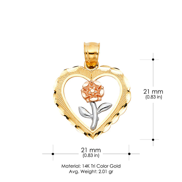 14K Gold Heart with Rose Charm Pendant