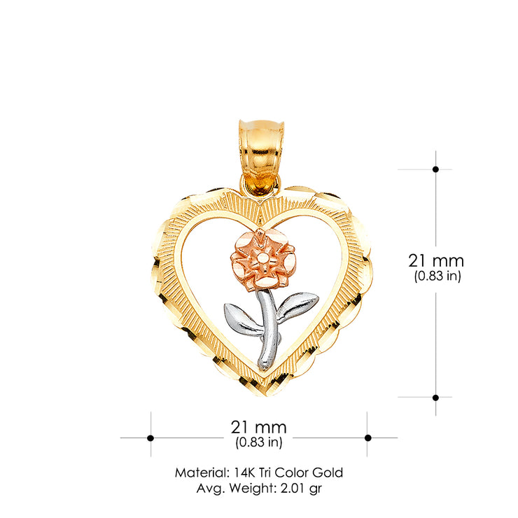 14K Gold Heart with Rose Charm Pendant