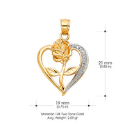 14K Gold Heart with Rose Charm Pendant