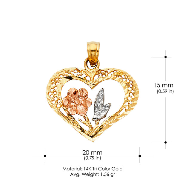 14K Gold Heart with Rose Charm Pendant