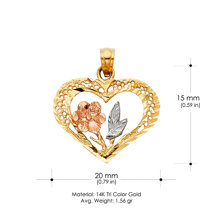 14K Gold Heart with Rose Charm Pendant