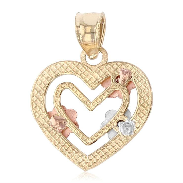 14K Gold Heart with Flower Charm Pendant