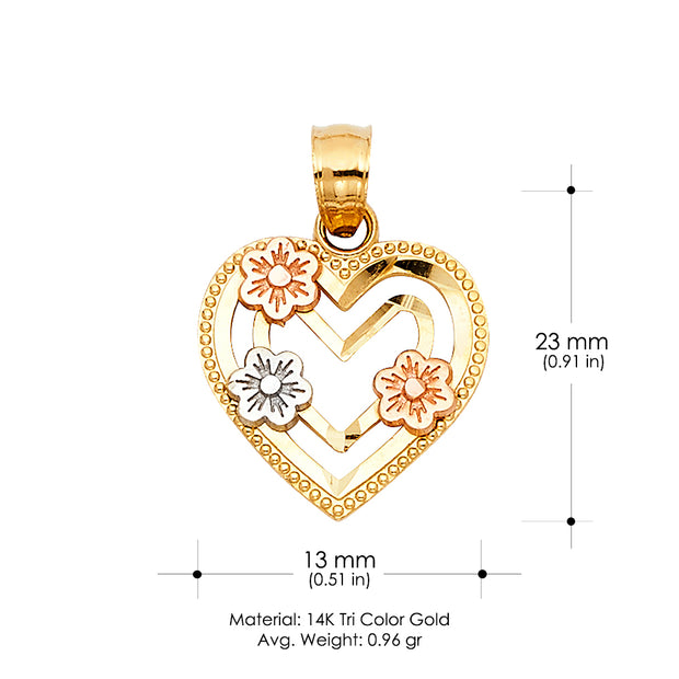 14K Gold Heart with Flower Charm Pendant