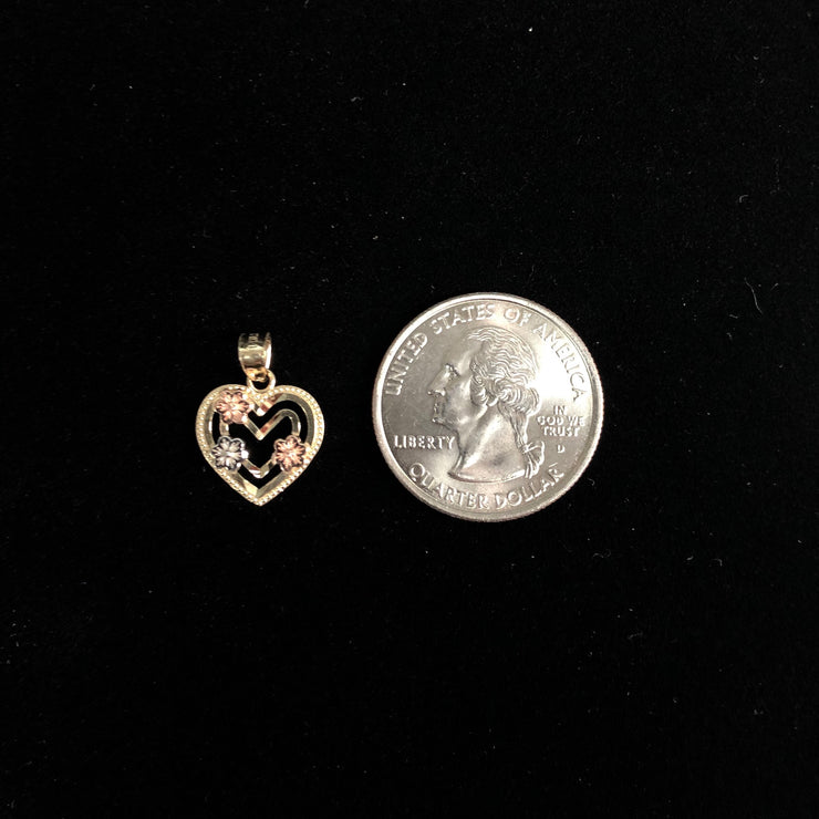 14K Gold Heart with Flower Charm Pendant