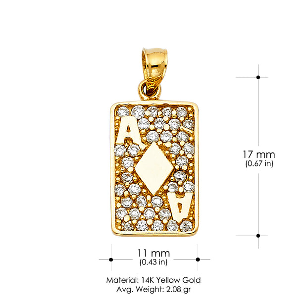 14K Gold CZ Diamond A Ace Card Charm Pendant