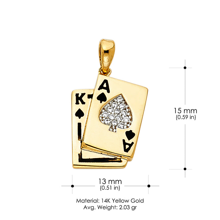 14K Gold CZ Spade Ace & King Card Charm Pendant