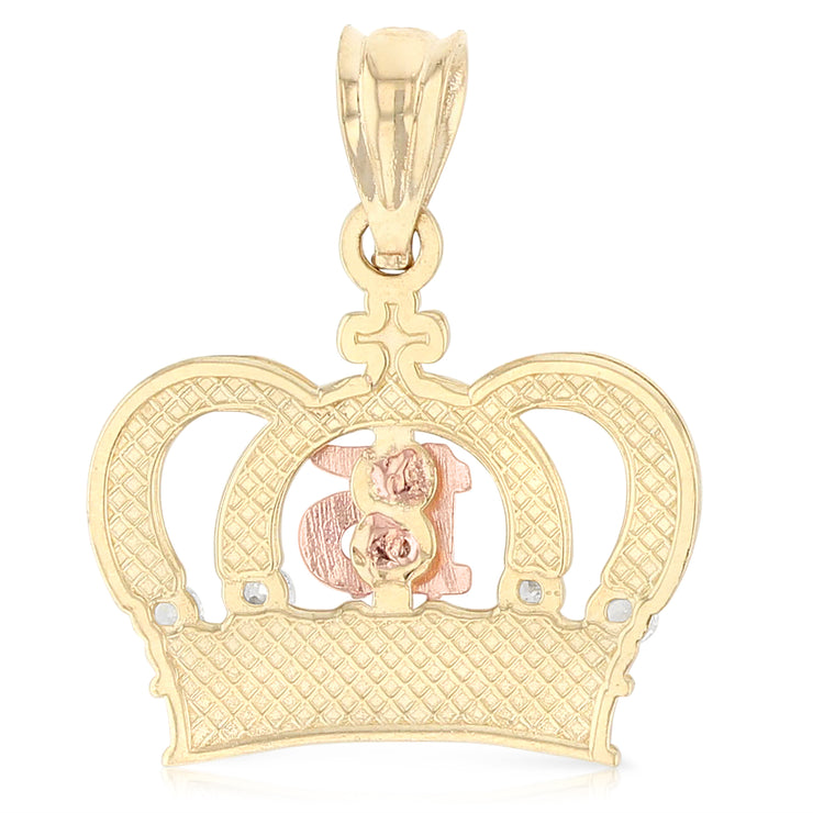 14K Gold Quinceanera Crown CZ Charm Pendant