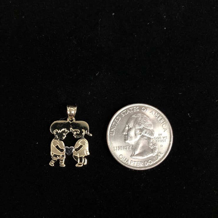 14K Gold Girl and Boy heart Charm Pendant