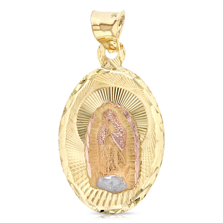 14K Gold Diamond Cut Guadalupe Stamp Charm Pendant with 1.1mm Wheat Chain Necklace