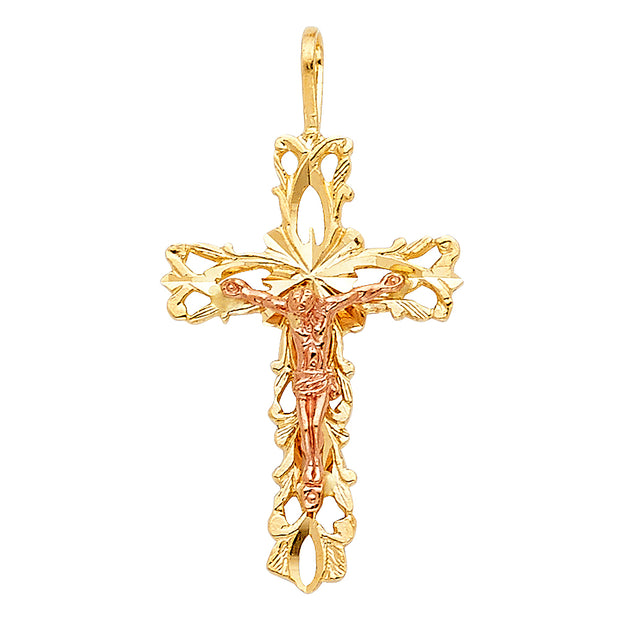 14K Gold Crucifix Charm Pendant with 1.1mm Wheat Chain Necklace