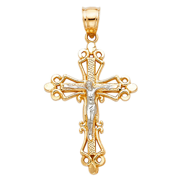 14K Gold Crucifix Charm Pendant with 1.1mm Wheat Chain Necklace