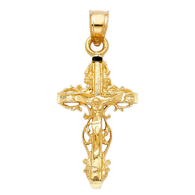 14K Gold Crucifix Charm Pendant with 2.3mm Figaro 3+1 Chain Necklace