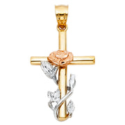 14K Gold Cross with Rose Pendant with 3.4mm Hollow Cuban Chain