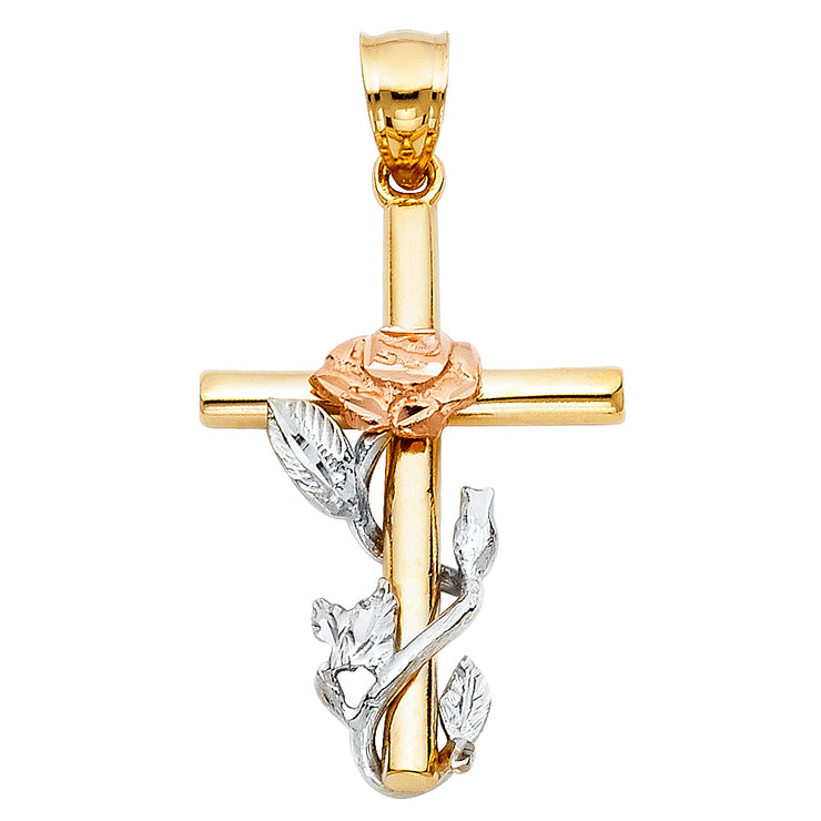 14K Gold Cross with Rose Pendant with 3.3mm Valentino Star Diamond Cut Chain