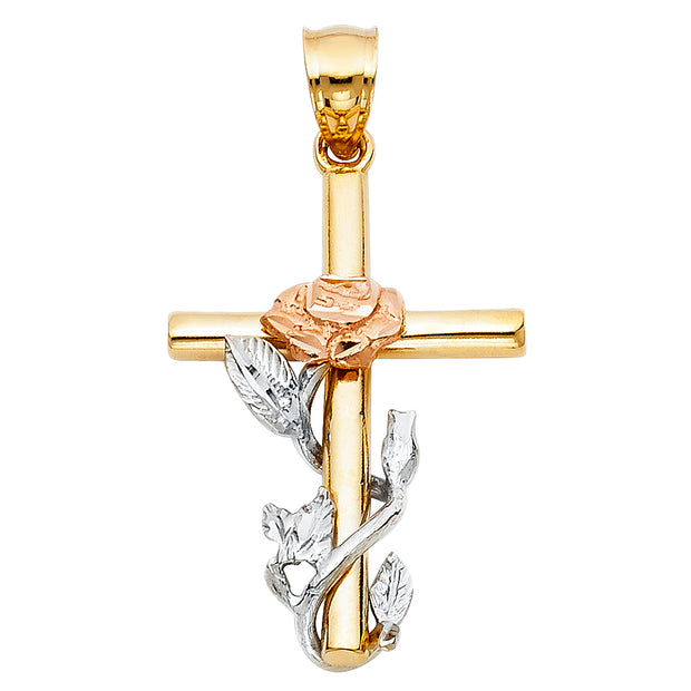 14K Gold Religious Cross withRose Charm Pendant with 1.2mm Box Chain Necklace