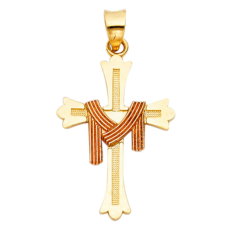 14K Gold Cross Charm Pendant with 1.5mm Flat Open Wheat Chain Necklace