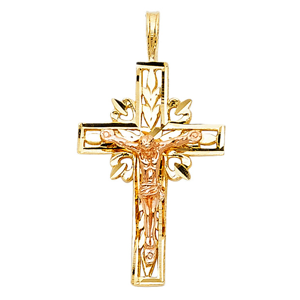 14K Gold Crucifix Charm Pendant with 1.5mm Flat Open Wheat Chain Necklace