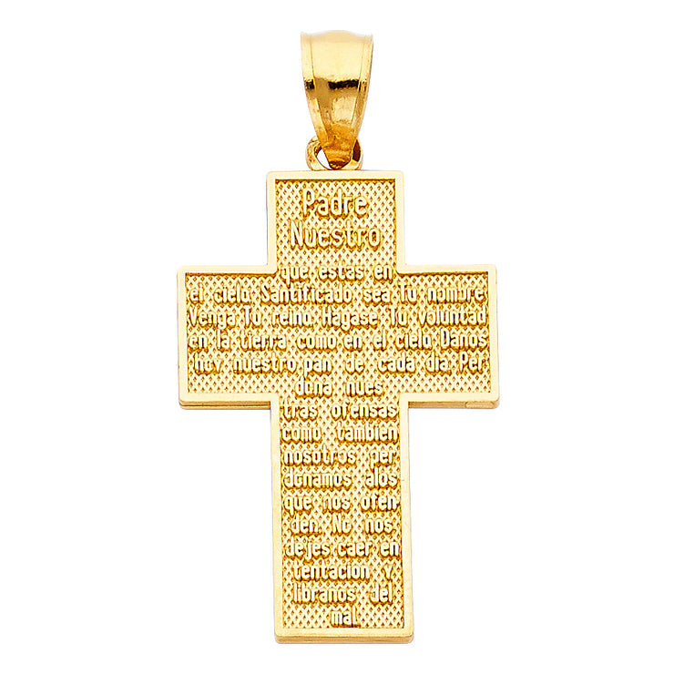 14K Gold Padre Nuestro Religious Cross Charm Pendant with 1.2mm Box Chain Necklace